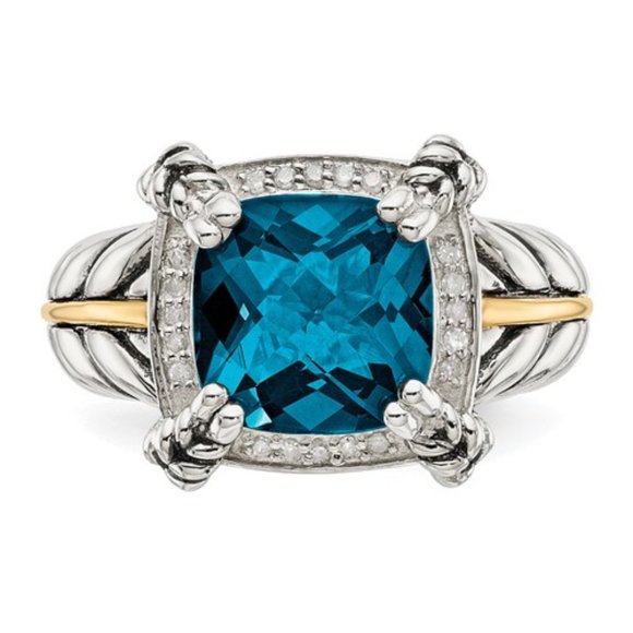 925 Sterling Silver with 14K Accent Antiqued London Blue Topaz and Diamond Ring - Picture 2 of 6